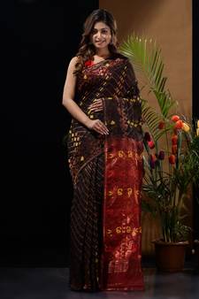Black And Red Silk Cotton Handwoven Jamdani Saree With Zari Woven Designs And Patterns