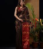Black And Red Silk Cotton Handwoven Jamdani Saree With Zari Woven Designs And Patterns