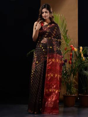 Black And Red Silk Cotton Handwoven Jamdani Saree With Zari Woven Designs And Patterns 2