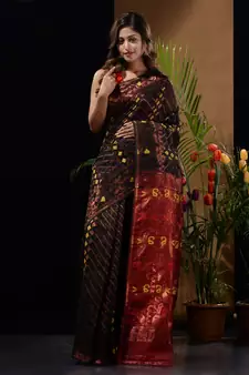 Black And Red Silk Cotton Handwoven Jamdani Saree With Zari Woven Designs And Patterns