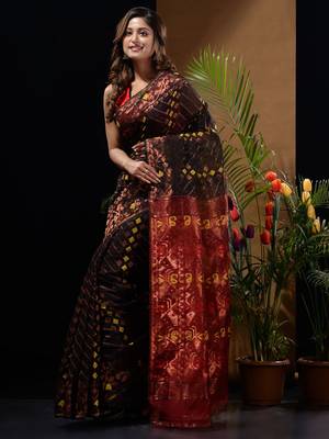 Black And Red Silk Cotton Handwoven Jamdani Saree With Zari Woven Designs And Patterns 3