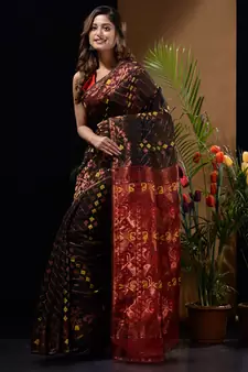 Black And Red Silk Cotton Handwoven Jamdani Saree With Zari Woven Designs And Patterns