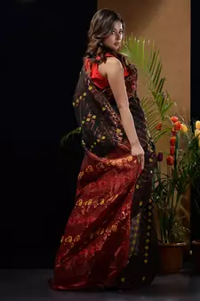 Black And Red Silk Cotton Handwoven Jamdani Saree With Zari Woven Designs And Patterns