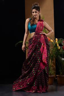 Black And Rani Pink Silk Cotton Handwoven Jamdani Saree With Woven Designs And Patterns