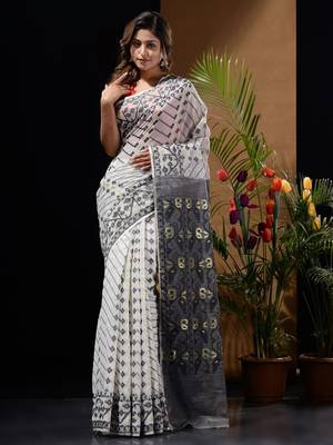 White And Black Silk Cotton Handwoven Jamdani Saree With Woven Designs And Patterns 1