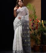 White And Black Silk Cotton Handwoven Jamdani Saree With Woven Designs And Patterns