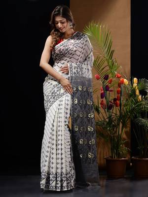 White And Black Silk Cotton Handwoven Jamdani Saree With Woven Designs And Patterns 2