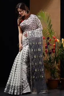 White And Black Silk Cotton Handwoven Jamdani Saree With Woven Designs And Patterns