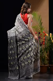 White And Black Silk Cotton Handwoven Jamdani Saree With Woven Designs And Patterns