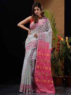 Sea Green And Pink Silk Cotton Handwoven Jamdani Saree With Woven Designs And Patterns 1
