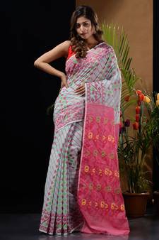 Sea Green And Pink Silk Cotton Handwoven Jamdani Saree With Woven Designs And Patterns