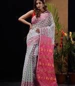 Sea Green And Pink Silk Cotton Handwoven Jamdani Saree With Woven Designs And Patterns