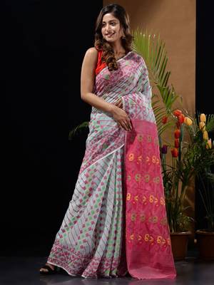 Sea Green And Pink Silk Cotton Handwoven Jamdani Saree With Woven Designs And Patterns 2