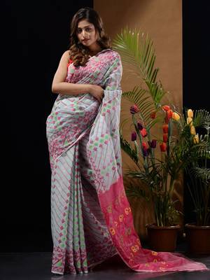 Sea Green And Pink Silk Cotton Handwoven Jamdani Saree With Woven Designs And Patterns 3