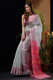 Sea Green And Pink Silk Cotton Handwoven Jamdani Saree With Woven Designs And Patterns