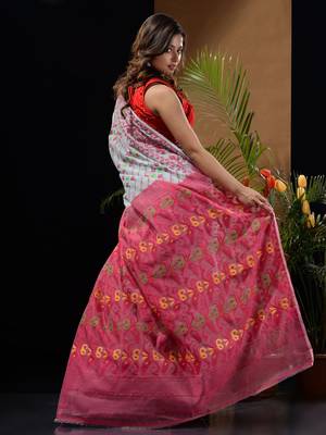 Sea Green And Pink Silk Cotton Handwoven Jamdani Saree With Woven Designs And Patterns 5