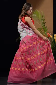 Sea Green And Pink Silk Cotton Handwoven Jamdani Saree With Woven Designs And Patterns