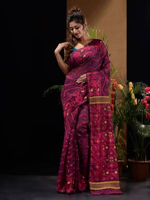 Magenta And Pink Silk Cotton Handwoven Jamdani Saree With Chevron And Ethnic Designs Without Blouse 1
