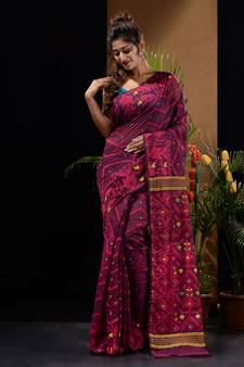 Magenta And Pink Silk Cotton Handwoven Jamdani Saree With Chevron And Ethnic Designs Without Blouse