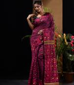 Magenta And Pink Silk Cotton Handwoven Jamdani Saree With Chevron And Ethnic Designs Without Blouse