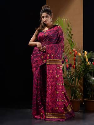 Magenta And Pink Silk Cotton Handwoven Jamdani Saree With Chevron And Ethnic Designs Without Blouse 2
