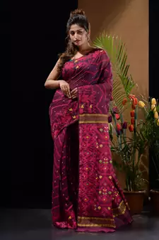 Magenta And Pink Silk Cotton Handwoven Jamdani Saree With Chevron And Ethnic Designs Without Blouse