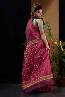 Magenta And Pink Silk Cotton Handwoven Jamdani Saree With Chevron And Ethnic Designs Without Blouse