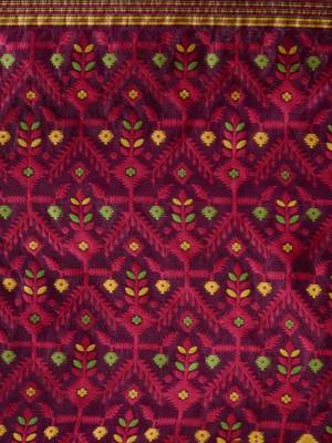 Magenta And Pink Silk Cotton Handwoven Jamdani Saree With Chevron And Ethnic Designs Without Blouse 5