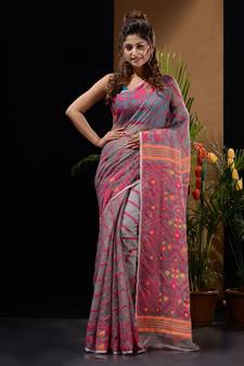 Grey And Magenta Silk Cotton Handwoven Jamdani Saree With Chevron And Ethnic Designs Without Blouse