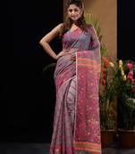 Grey And Magenta Silk Cotton Handwoven Jamdani Saree With Chevron And Ethnic Designs Without Blouse