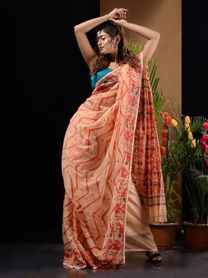 Cream And Red Silk Cotton Handwoven Jamdani Saree With Chevron And Ethnic Designs Without Blouse 1