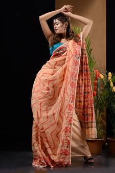 Cream And Red Silk Cotton Handwoven Jamdani Saree With Chevron And Ethnic Designs Without Blouse
