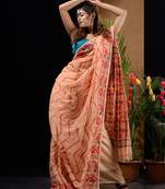 Cream And Red Silk Cotton Handwoven Jamdani Saree With Chevron And Ethnic Designs Without Blouse