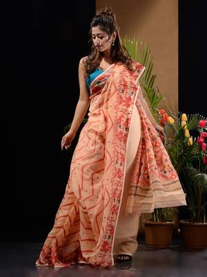 Cream And Red Silk Cotton Handwoven Jamdani Saree With Chevron And Ethnic Designs Without Blouse 2