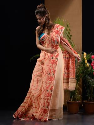 Cream And Red Silk Cotton Handwoven Jamdani Saree With Chevron And Ethnic Designs Without Blouse 3