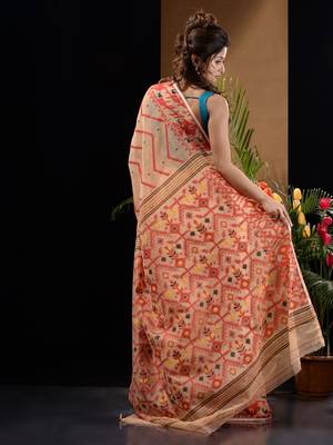 Cream And Red Silk Cotton Handwoven Jamdani Saree With Chevron And Ethnic Designs Without Blouse 4