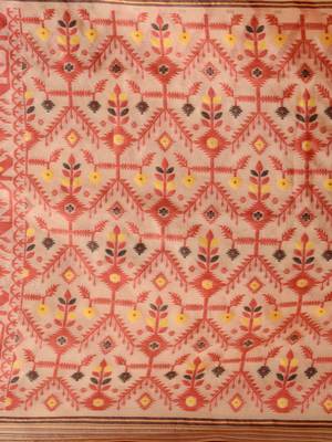 Cream And Red Silk Cotton Handwoven Jamdani Saree With Chevron And Ethnic Designs Without Blouse 5