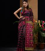 Black And Magenta Silk Cotton Handwoven Jamdani Saree With Chevron And Ethnic Designs Without Blouse