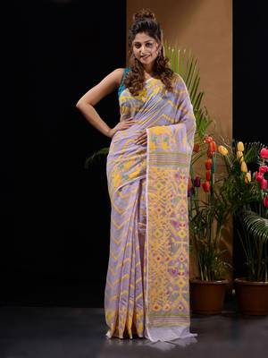 Lilac And Yellow Silk Cotton Handwoven Jamdani Saree With Chevron And Ethnic Designs Without Blouse 1