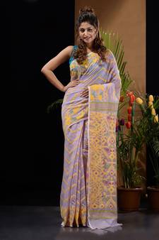 Lilac And Yellow Silk Cotton Handwoven Jamdani Saree With Chevron And Ethnic Designs Without Blouse