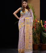 Lilac And Yellow Silk Cotton Handwoven Jamdani Saree With Chevron And Ethnic Designs Without Blouse