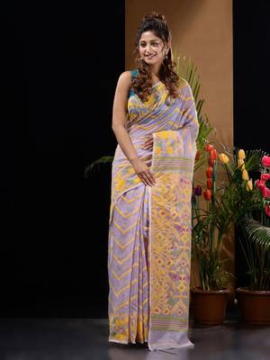 Lilac And Yellow Silk Cotton Handwoven Jamdani Saree With Chevron And Ethnic Designs Without Blouse 2