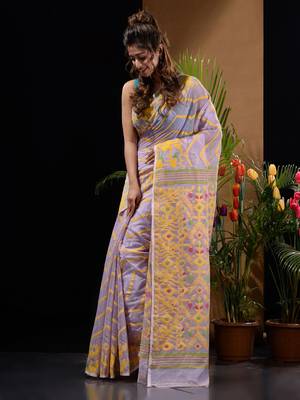 Lilac And Yellow Silk Cotton Handwoven Jamdani Saree With Chevron And Ethnic Designs Without Blouse 3