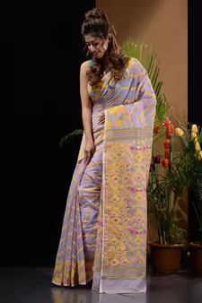 Lilac And Yellow Silk Cotton Handwoven Jamdani Saree With Chevron And Ethnic Designs Without Blouse