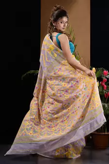 Lilac And Yellow Silk Cotton Handwoven Jamdani Saree With Chevron And Ethnic Designs Without Blouse