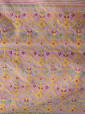 Lilac And Yellow Silk Cotton Handwoven Jamdani Saree With Chevron And Ethnic Designs Without Blouse 5