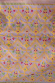 Lilac And Yellow Silk Cotton Handwoven Jamdani Saree With Chevron And Ethnic Designs Without Blouse