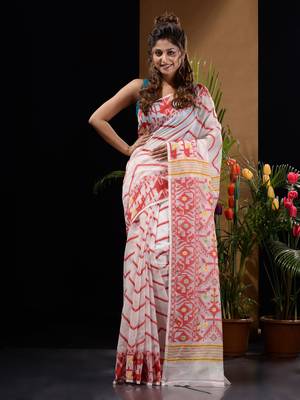 White And Red Silk Cotton Handwoven Jamdani Saree With Chevron And Ethnic Designs Without Blouse 1