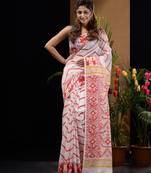 White And Red Silk Cotton Handwoven Jamdani Saree With Chevron And Ethnic Designs Without Blouse