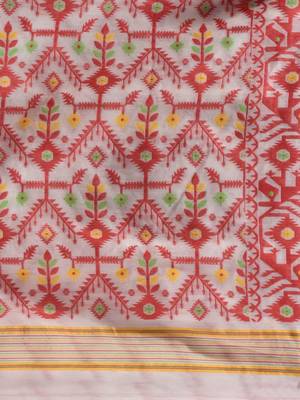 White And Red Silk Cotton Handwoven Jamdani Saree With Chevron And Ethnic Designs Without Blouse 5
